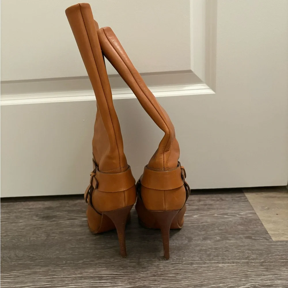 Ralph Lauren Cognac Leather High-Heel Slouch Boots - Picture 5 of 9